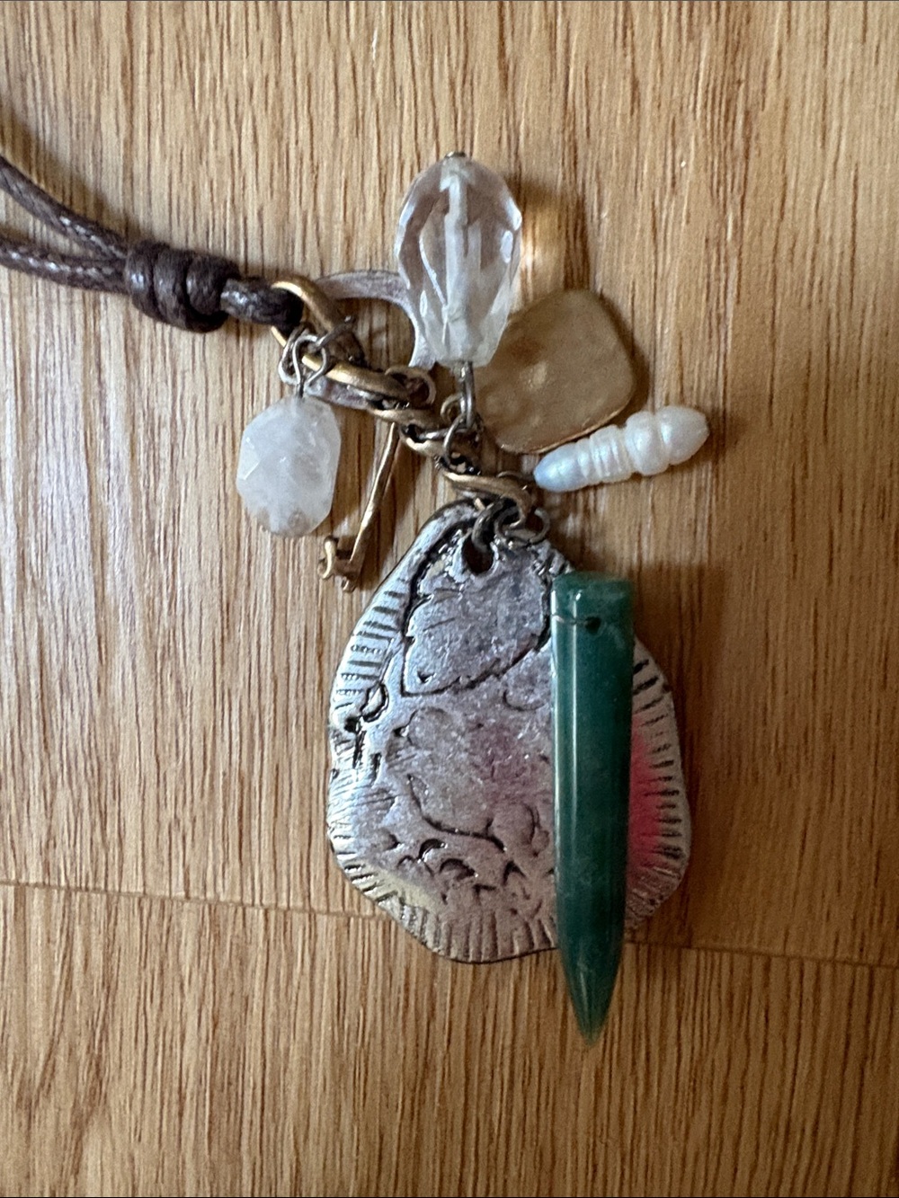 Adjustable Artisan Green Stone & Pearl Multi-Charm Necklace